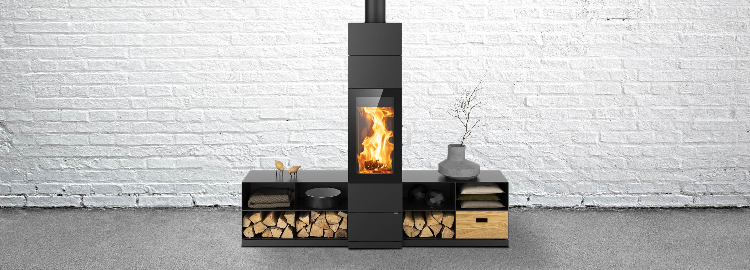 HASE Kaminofen Sendai 155 stahl schwarz mit Holzregal